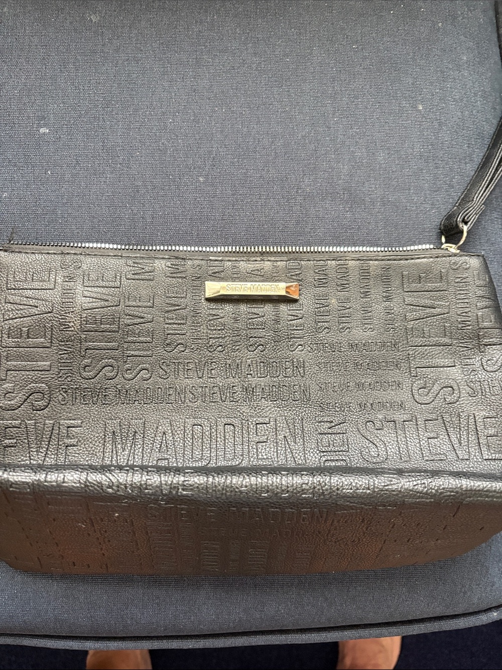 Steve Madden Black Embossed Logo Cosmetic Pouch with Gold Plaque